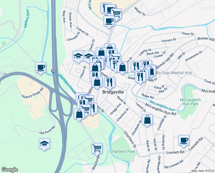 map of restaurants, bars, coffee shops, grocery stores, and more near 500 Station Street in Bridgeville