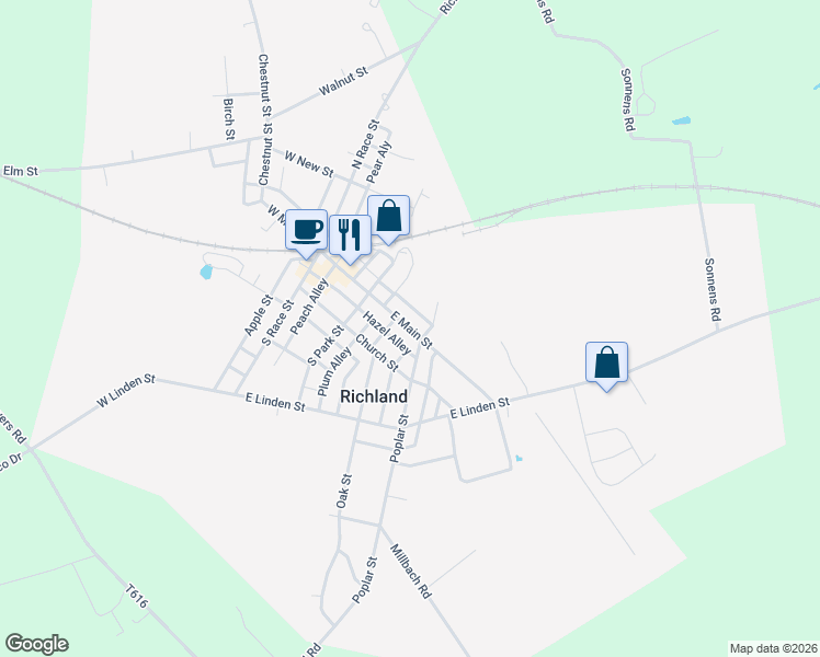 map of restaurants, bars, coffee shops, grocery stores, and more near 123 East Main Street in Richland