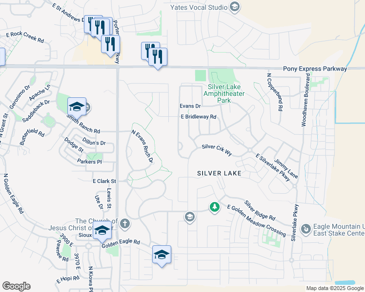 map of restaurants, bars, coffee shops, grocery stores, and more near North Silver Ranch Road in Eagle Mountain