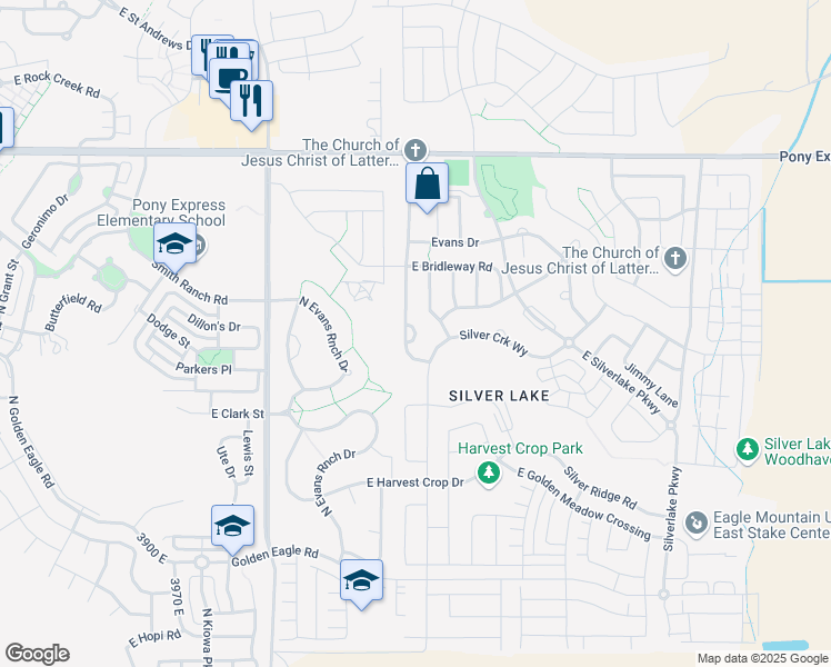 map of restaurants, bars, coffee shops, grocery stores, and more near North Silver Ranch Road in Eagle Mountain
