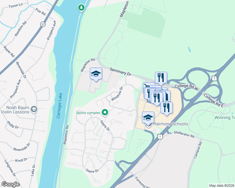 map of restaurants, bars, coffee shops, grocery stores, and more near 2 Hedge Row Road in Princeton