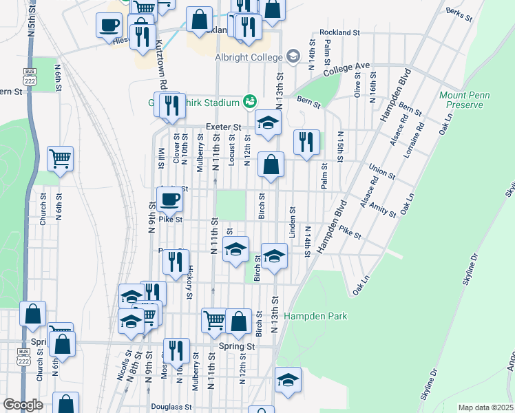 map of restaurants, bars, coffee shops, grocery stores, and more near 1435 North 12th Street in Reading