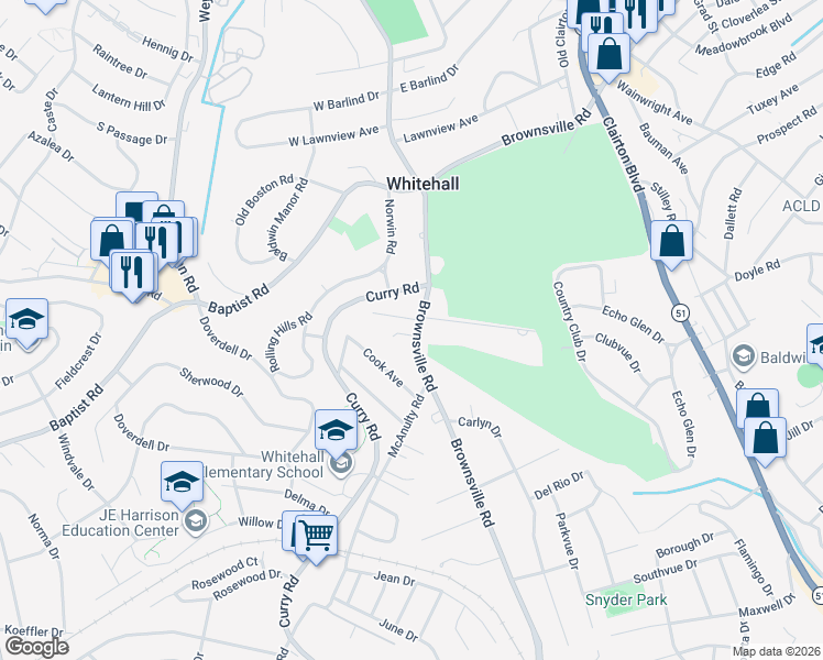 map of restaurants, bars, coffee shops, grocery stores, and more near 11 West Club Drive in Pittsburgh