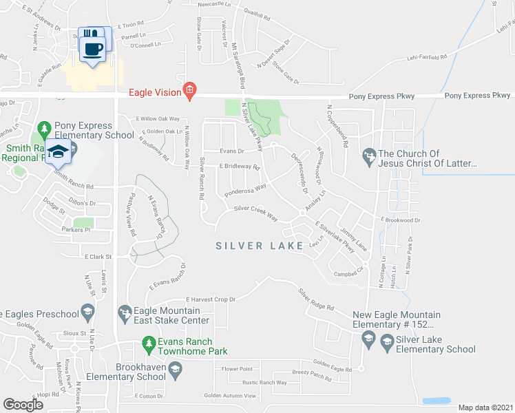 map of restaurants, bars, coffee shops, grocery stores, and more near 4661 East Silver Creek Way in Eagle Mountain