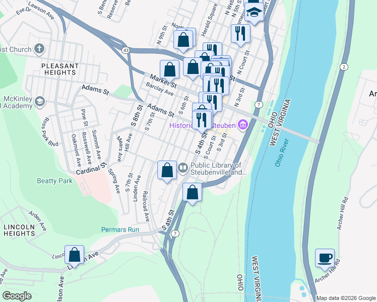 map of restaurants, bars, coffee shops, grocery stores, and more near 299 South Commercial Street in Steubenville