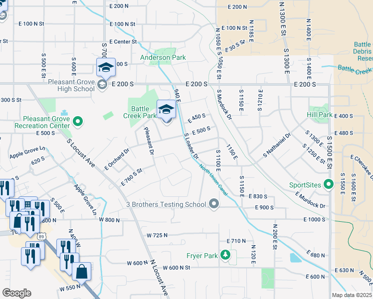 map of restaurants, bars, coffee shops, grocery stores, and more near 958 East Orchard Drive in Pleasant Grove
