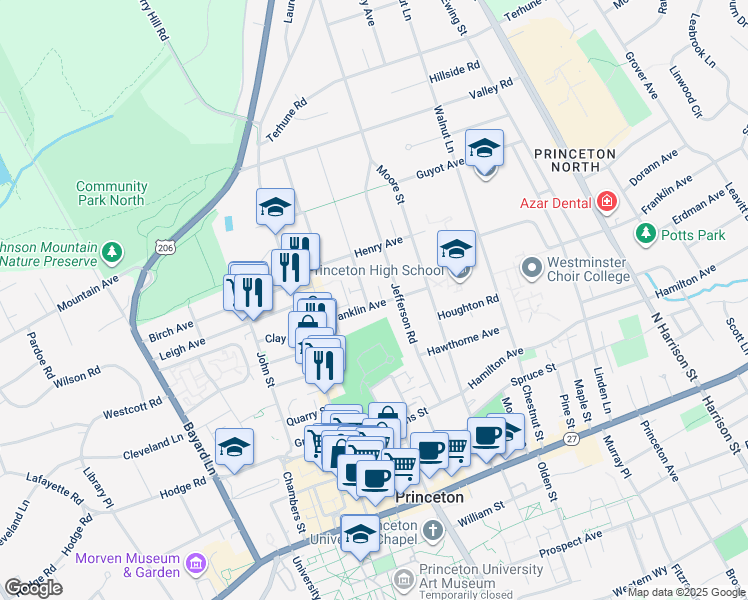 map of restaurants, bars, coffee shops, grocery stores, and more near 3 Harris Road in Princeton