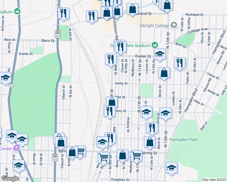 map of restaurants, bars, coffee shops, grocery stores, and more near 1455 North 9th Street in Reading