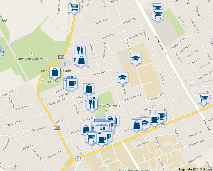 map of restaurants, bars, coffee shops, grocery stores, and more near 3 Harris Road in Princeton