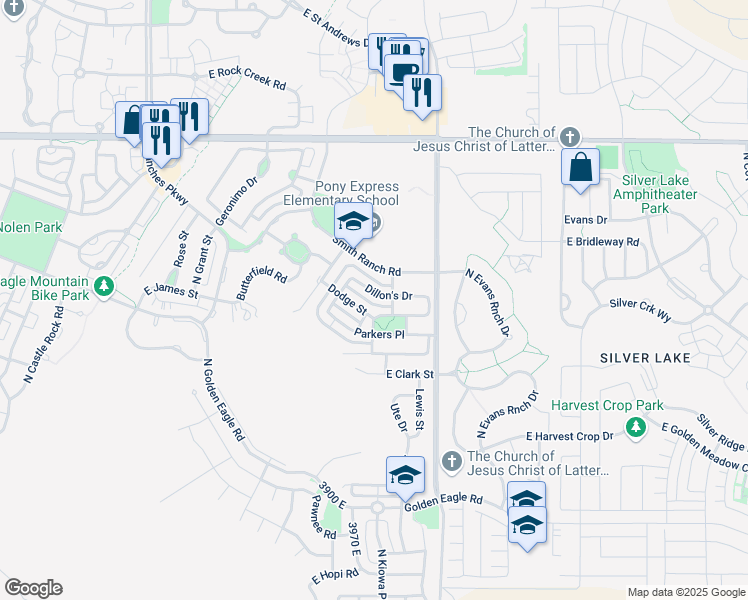 map of restaurants, bars, coffee shops, grocery stores, and more near 4028 Dillon's Drive in Eagle Mountain