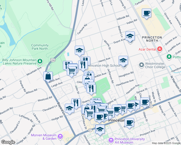 map of restaurants, bars, coffee shops, grocery stores, and more near 100 Albert Way in Princeton