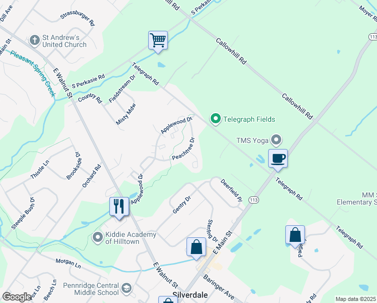 map of restaurants, bars, coffee shops, grocery stores, and more near 2613 Crabapple Circle in Perkasie
