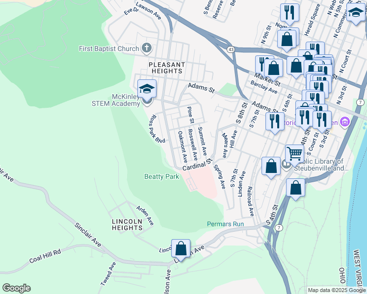 map of restaurants, bars, coffee shops, grocery stores, and more near 800 Oakmont Avenue in Steubenville