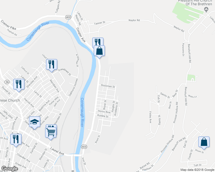 map of restaurants, bars, coffee shops, grocery stores, and more near 201 Stutzman Street in Johnstown