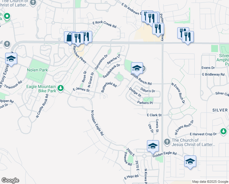 map of restaurants, bars, coffee shops, grocery stores, and more near 3829 East Butterfield Road in Eagle Mountain