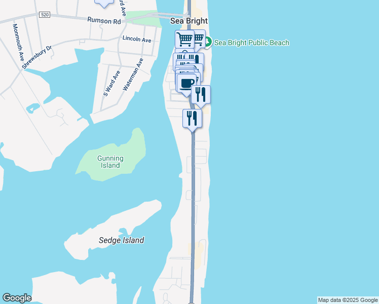 map of restaurants, bars, coffee shops, grocery stores, and more near 1246 Ocean Avenue in Sea Bright
