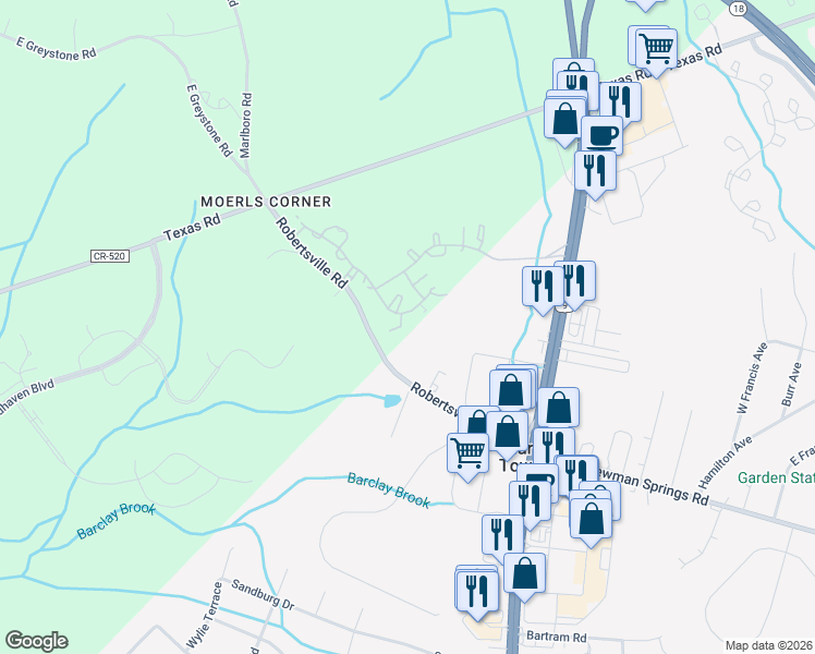 map of restaurants, bars, coffee shops, grocery stores, and more near 47 Azalea Drive in Old Bridge