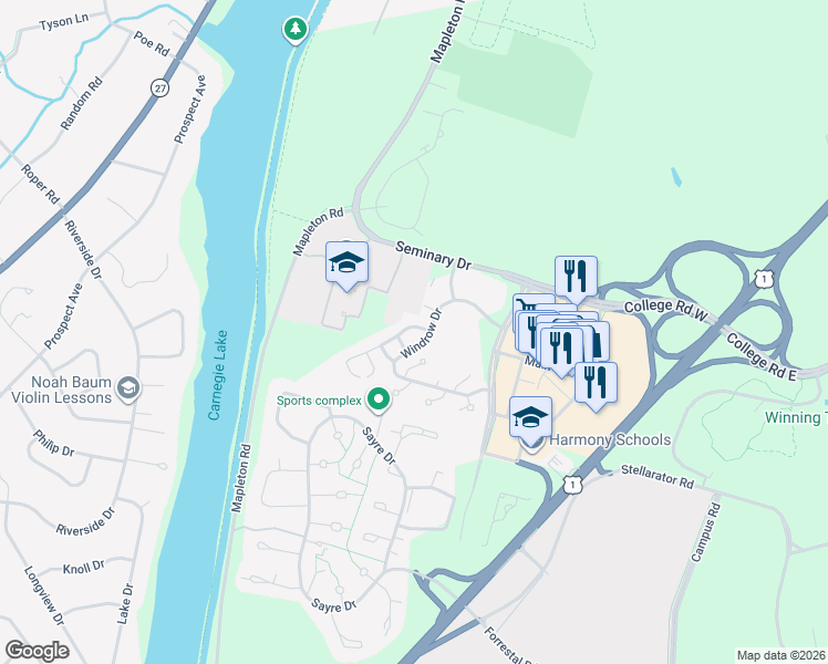 map of restaurants, bars, coffee shops, grocery stores, and more near 9 Hedge Row Road in Princeton
