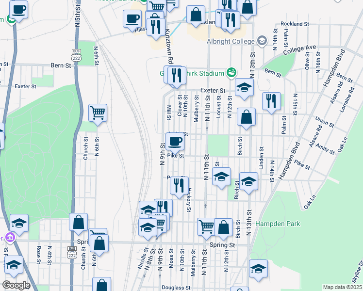 map of restaurants, bars, coffee shops, grocery stores, and more near 1468 Clover Street in Reading