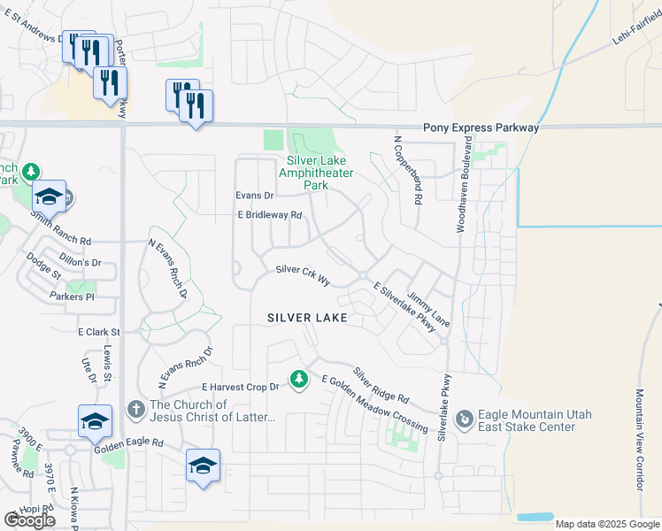 map of restaurants, bars, coffee shops, grocery stores, and more near 7655 Silverlake Parkway in Eagle Mountain