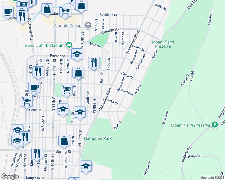 map of restaurants, bars, coffee shops, grocery stores, and more near 1413 Hampden Boulevard in Reading