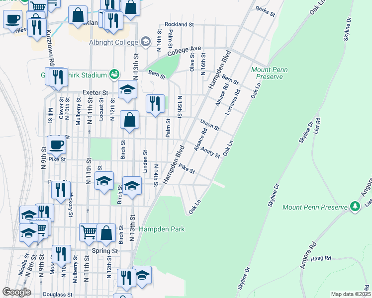 map of restaurants, bars, coffee shops, grocery stores, and more near 1413 Hampden Boulevard in Reading