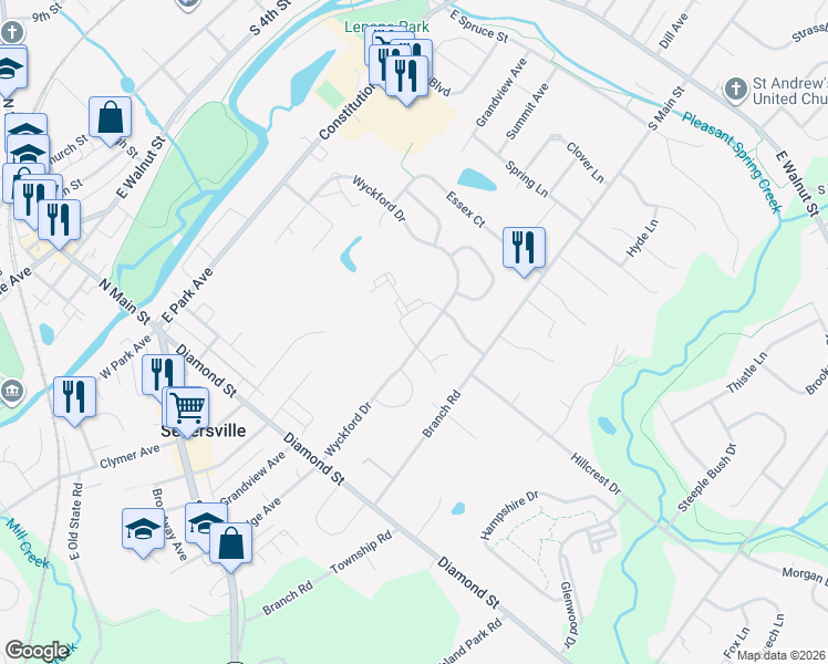 map of restaurants, bars, coffee shops, grocery stores, and more near 1010 Mews Drive in Sellersville