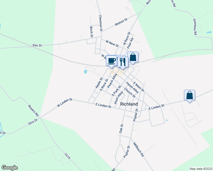 map of restaurants, bars, coffee shops, grocery stores, and more near 108 South Race Street in Myerstown