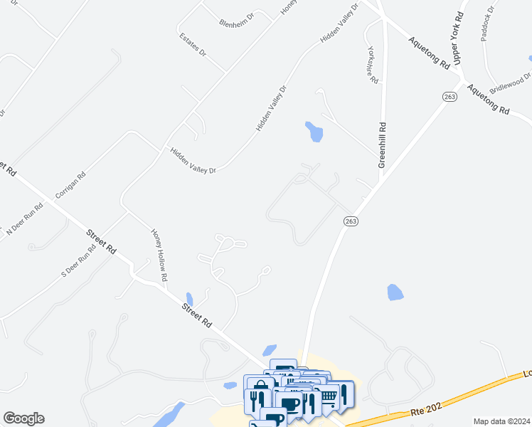 map of restaurants, bars, coffee shops, grocery stores, and more near 17 Bellinghamshire Place in New Hope