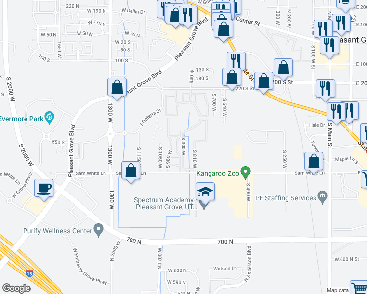 map of restaurants, bars, coffee shops, grocery stores, and more near 495 South 900 West in Pleasant Grove
