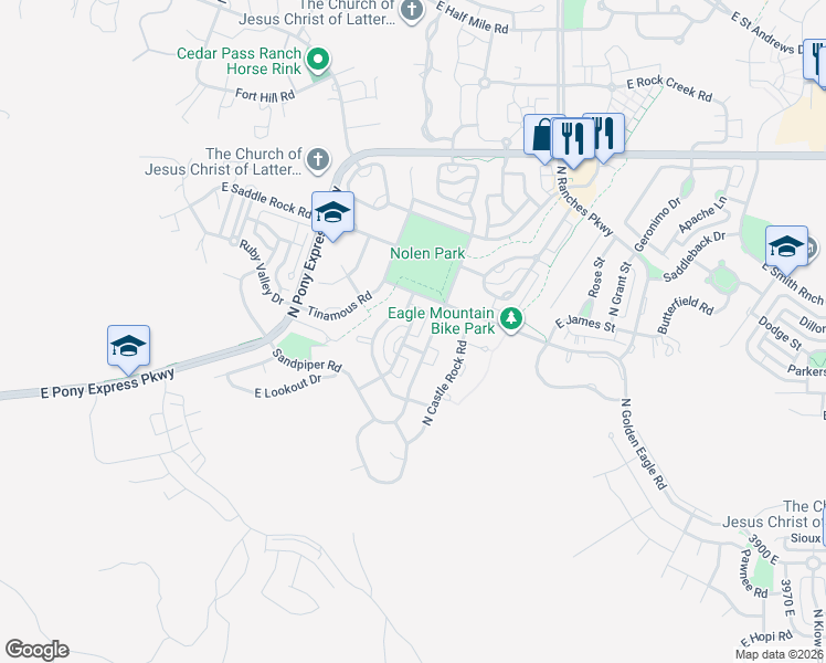 map of restaurants, bars, coffee shops, grocery stores, and more near 7644 North Red Kite Way in Eagle Mountain
