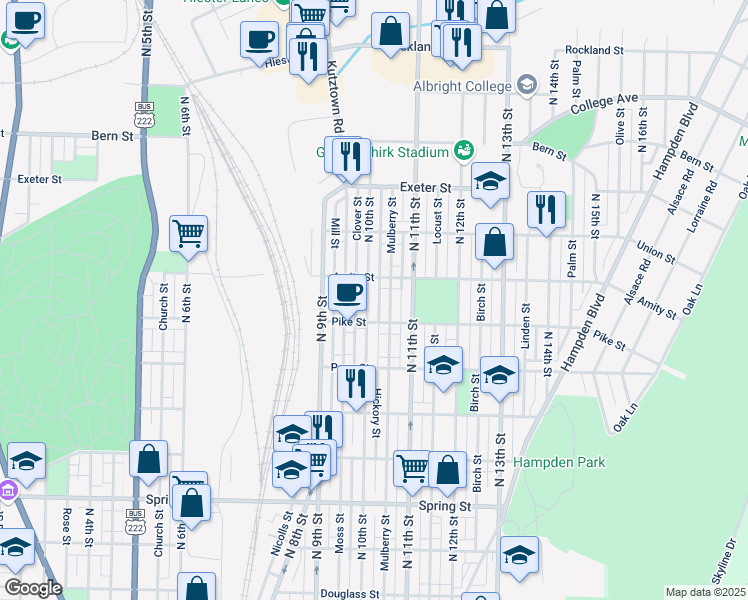 map of restaurants, bars, coffee shops, grocery stores, and more near 1032 Amity Street in Reading