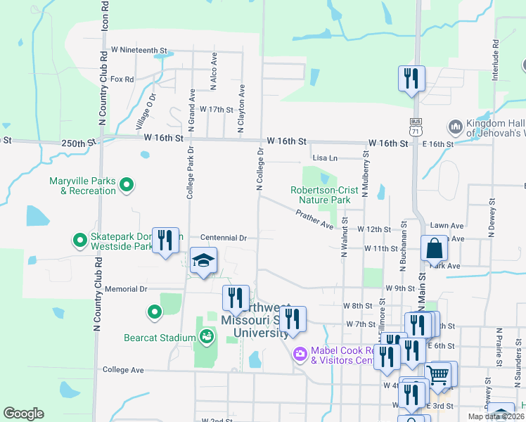 map of restaurants, bars, coffee shops, grocery stores, and more near 500-798 Prather Avenue in Maryville