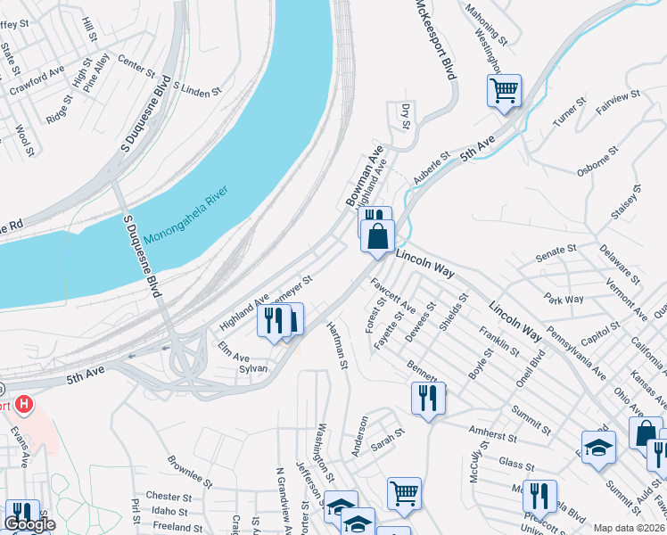 map of restaurants, bars, coffee shops, grocery stores, and more near 2618 Highland Avenue in McKeesport
