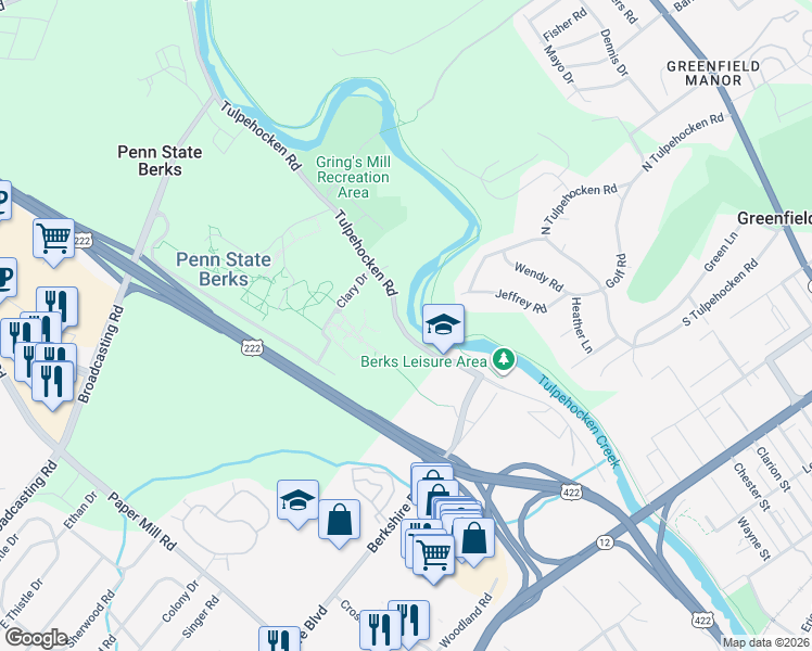 map of restaurants, bars, coffee shops, grocery stores, and more near 2075 Tulpehocken Road in Wyomissing