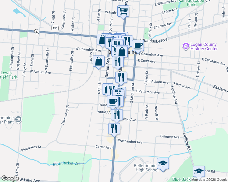 map of restaurants, bars, coffee shops, grocery stores, and more near 317 South Detroit Street in Bellefontaine
