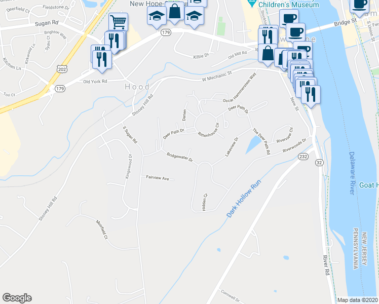 map of restaurants, bars, coffee shops, grocery stores, and more near 109 Summer Lea Court in New Hope