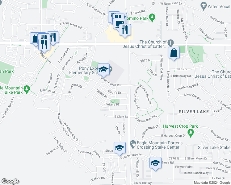 map of restaurants, bars, coffee shops, grocery stores, and more near 4059 Dillon's Drive in Eagle Mountain