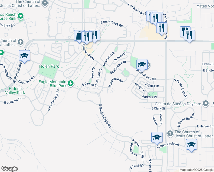 map of restaurants, bars, coffee shops, grocery stores, and more near 7687 Ranches Parkway in Eagle Mountain