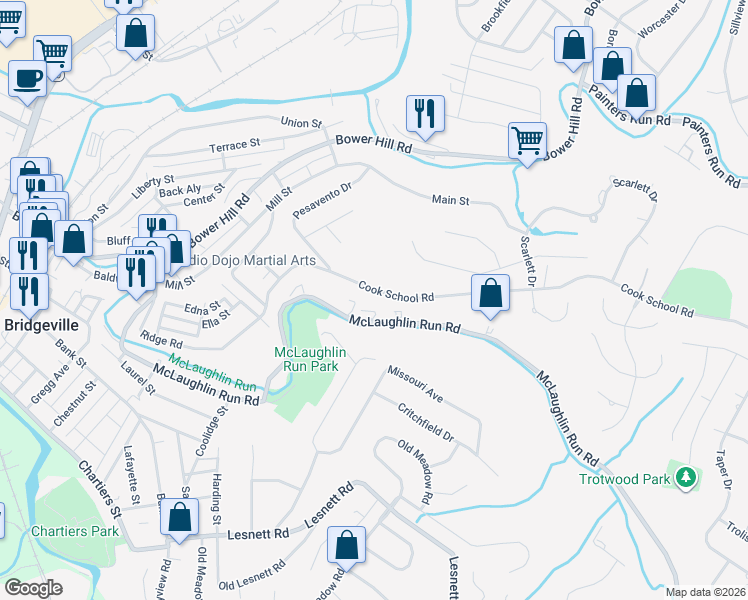 map of restaurants, bars, coffee shops, grocery stores, and more near 1349 McLaughlin Run Road in Pittsburgh