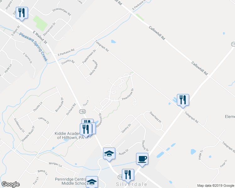 map of restaurants, bars, coffee shops, grocery stores, and more near 1302 Blackberry Court in Perkasie