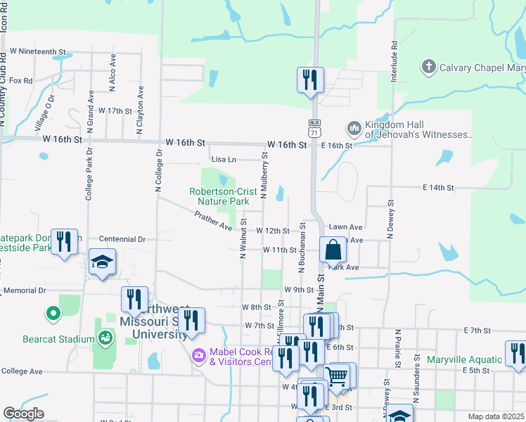 map of restaurants, bars, coffee shops, grocery stores, and more near 1300 North Mulberry Street in Maryville