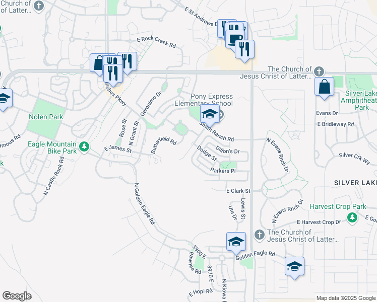 map of restaurants, bars, coffee shops, grocery stores, and more near 7661 North Wyatt Earp Avenue in Eagle Mountain