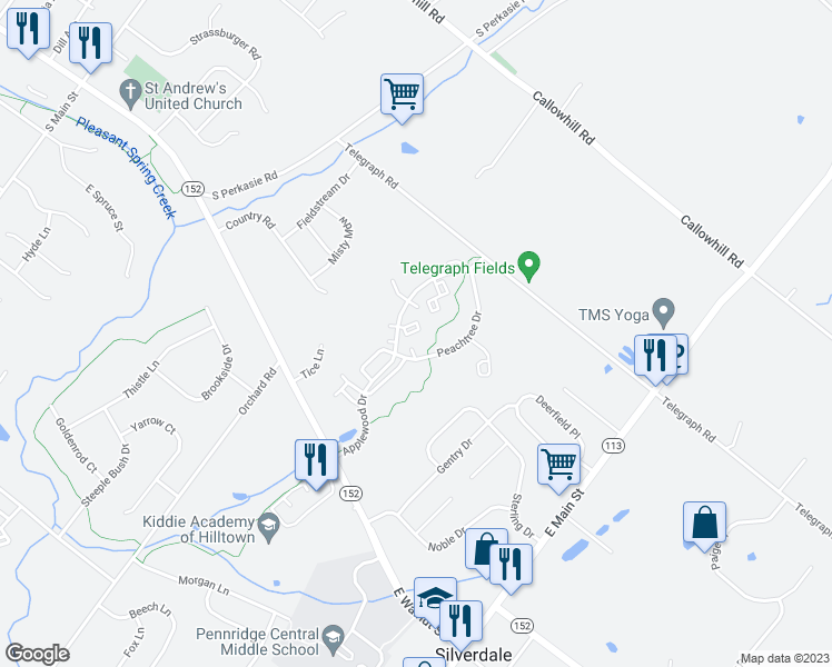 map of restaurants, bars, coffee shops, grocery stores, and more near 1202 Blackberry Court in Perkasie