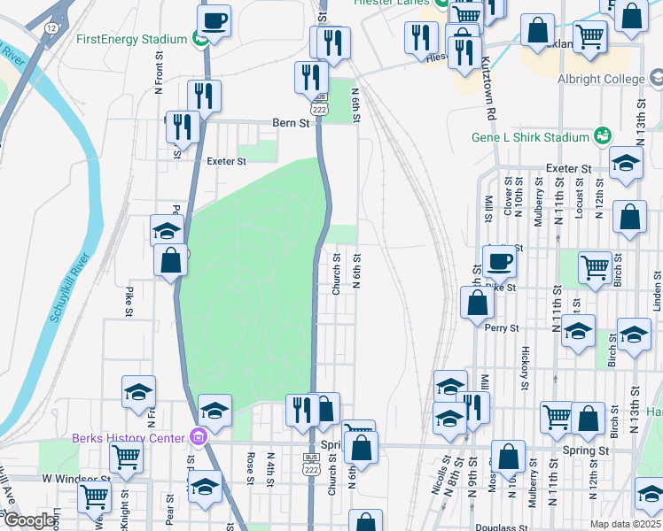 map of restaurants, bars, coffee shops, grocery stores, and more near 1424 Church Street in Reading