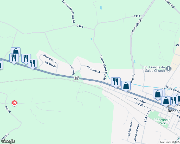 map of restaurants, bars, coffee shops, grocery stores, and more near 11 Birdsfoot Drive in Robesonia