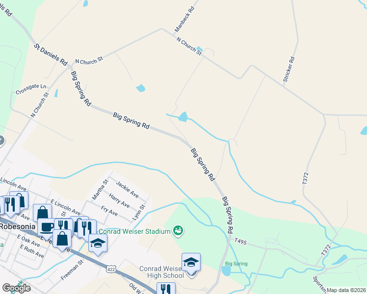 map of restaurants, bars, coffee shops, grocery stores, and more near 332 Big Spring Road in Robesonia