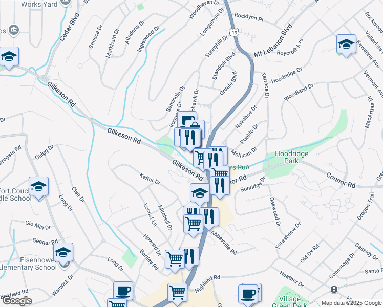 map of restaurants, bars, coffee shops, grocery stores, and more near 1500 Washington Road in Pittsburgh