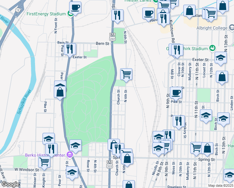 map of restaurants, bars, coffee shops, grocery stores, and more near 1424 Church Street in Reading