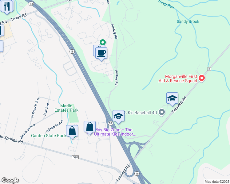 map of restaurants, bars, coffee shops, grocery stores, and more near 121-131 Amboy Road in Marlboro Township